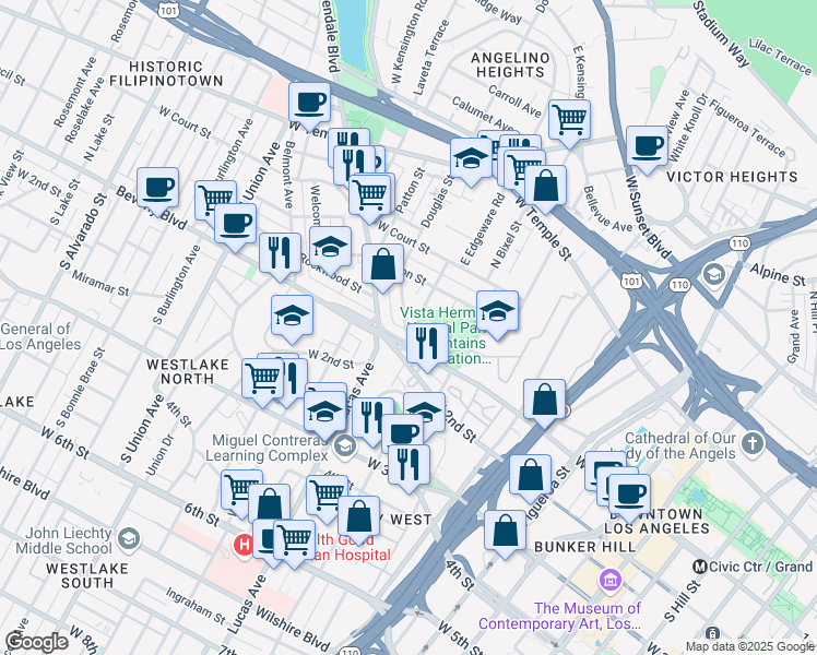 map of restaurants, bars, coffee shops, grocery stores, and more near 114 Douglas Street in Los Angeles