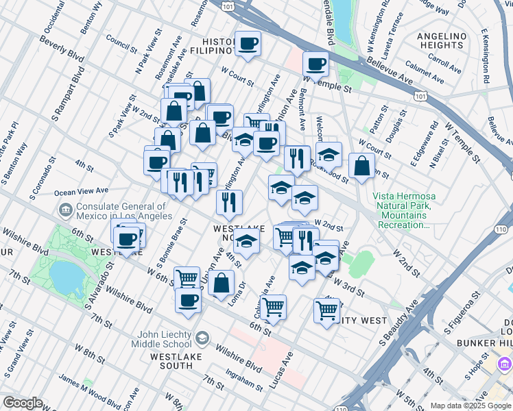 map of restaurants, bars, coffee shops, grocery stores, and more near 233 Union Place in Los Angeles