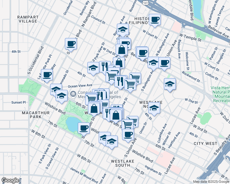 map of restaurants, bars, coffee shops, grocery stores, and more near 309 South Westlake Avenue in Los Angeles