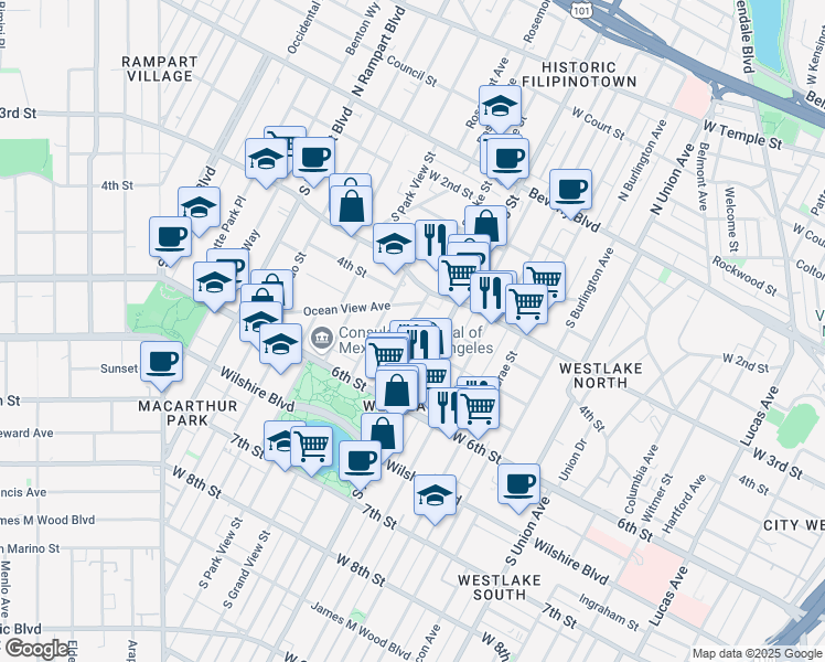 map of restaurants, bars, coffee shops, grocery stores, and more near 433 South Lake Street in Los Angeles