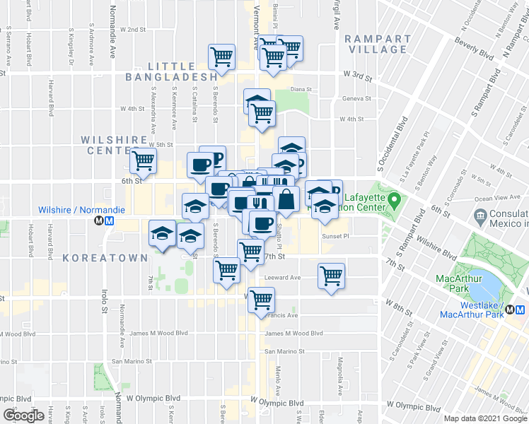 map of restaurants, bars, coffee shops, grocery stores, and more near in Los Angeles