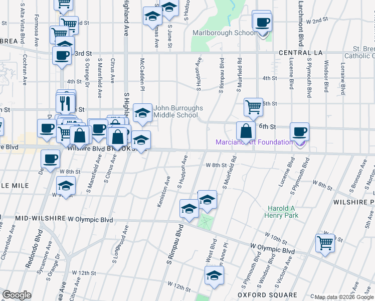map of restaurants, bars, coffee shops, grocery stores, and more near in Los Angeles