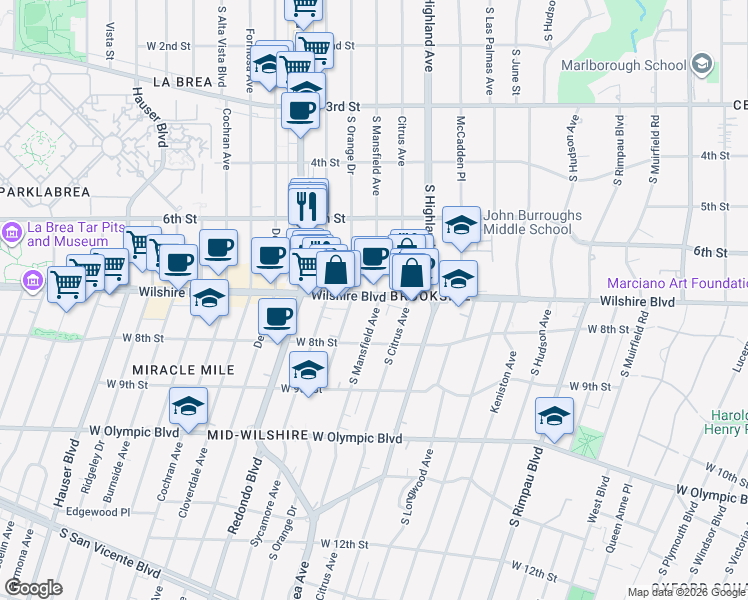 map of restaurants, bars, coffee shops, grocery stores, and more near 5106 Wilshire Boulevard in Los Angeles