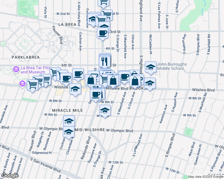 map of restaurants, bars, coffee shops, grocery stores, and more near 5164 Wilshire Boulevard in Los Angeles