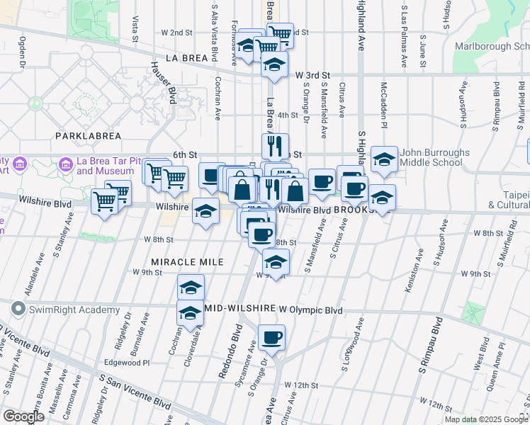 map of restaurants, bars, coffee shops, grocery stores, and more near 710 South La Brea Avenue in Los Angeles