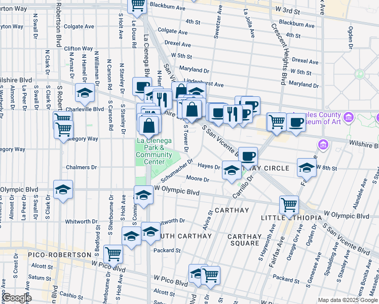 map of restaurants, bars, coffee shops, grocery stores, and more near 258 South Tower Drive in Los Angeles