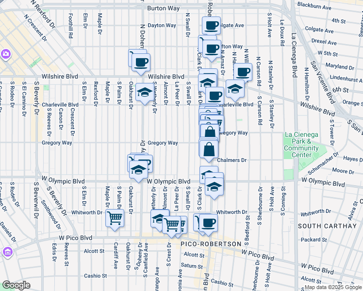 map of restaurants, bars, coffee shops, grocery stores, and more near in Beverly Hills