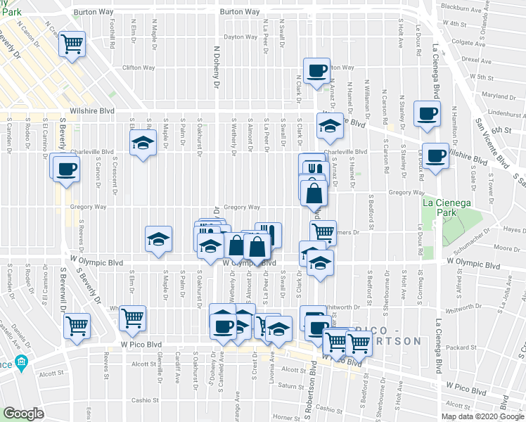map of restaurants, bars, coffee shops, grocery stores, and more near 300 South Almont Drive in Beverly Hills