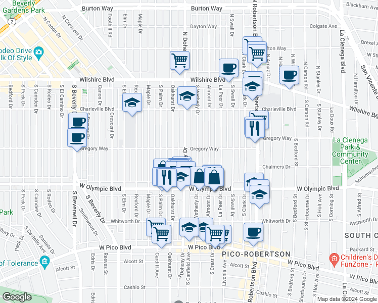 map of restaurants, bars, coffee shops, grocery stores, and more near 301 South Wetherly Drive in Beverly Hills