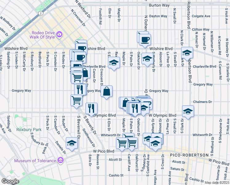 map of restaurants, bars, coffee shops, grocery stores, and more near 300 South Rexford Drive in Beverly Hills