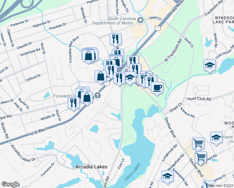 map of restaurants, bars, coffee shops, grocery stores, and more near 6941 North Trenholm Road in Columbia
