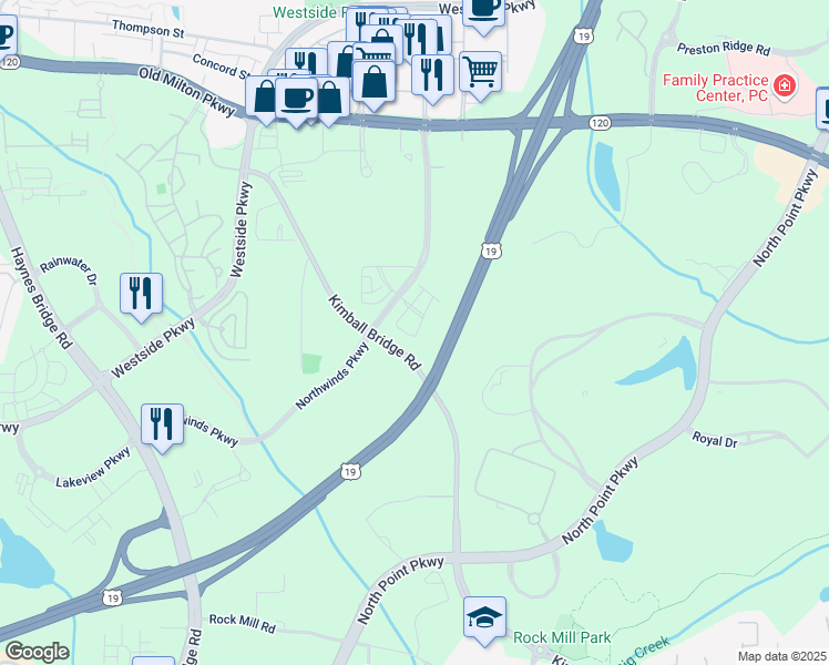 map of restaurants, bars, coffee shops, grocery stores, and more near 640 Hanlon Way in Alpharetta