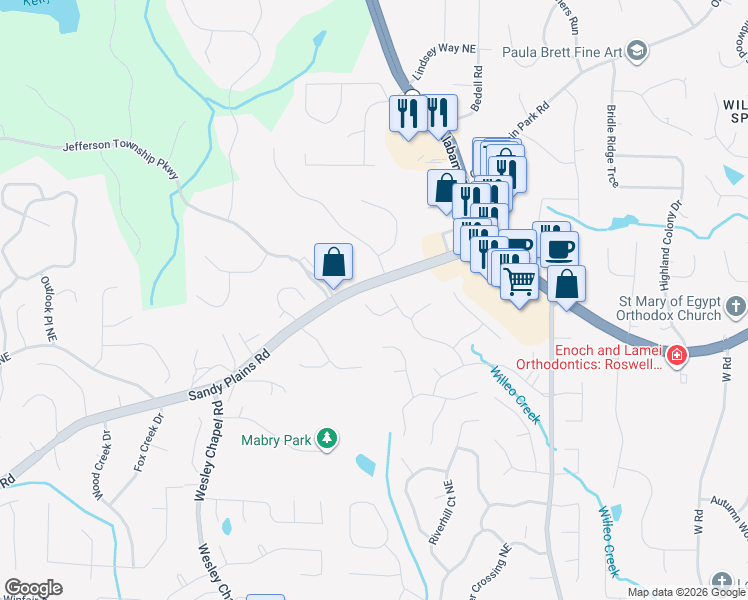 map of restaurants, bars, coffee shops, grocery stores, and more near 4196 Longview Cove in Roswell