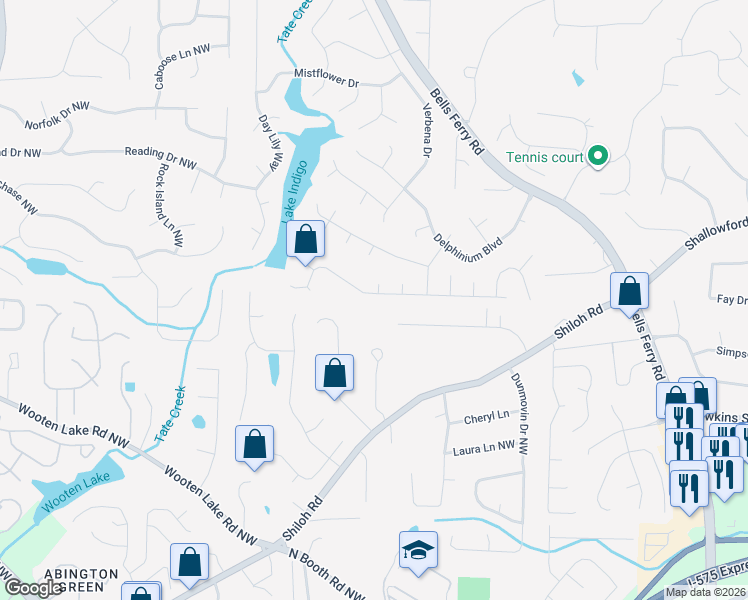 map of restaurants, bars, coffee shops, grocery stores, and more near 487 Gaillardia Way in Acworth