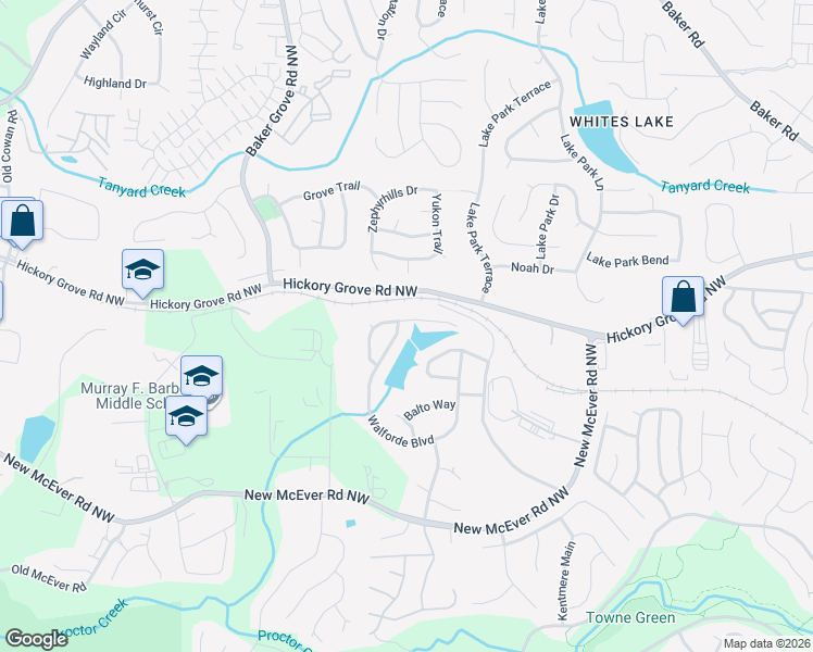 map of restaurants, bars, coffee shops, grocery stores, and more near 4420 Walforde Boulevard in Acworth