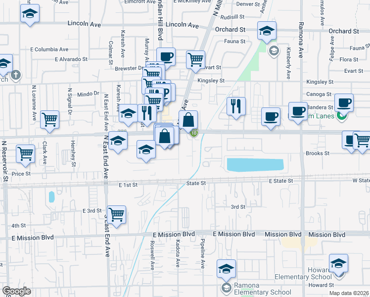 map of restaurants, bars, coffee shops, grocery stores, and more near 10563 South Mills Avenue in Montclair