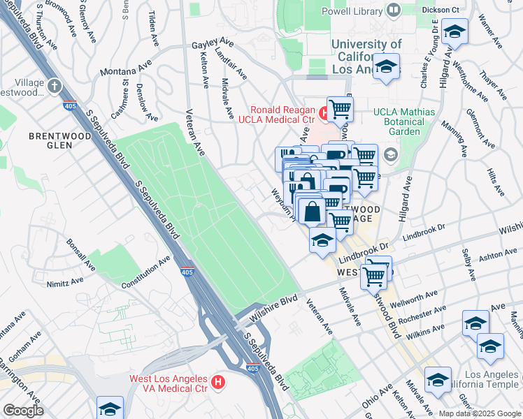 map of restaurants, bars, coffee shops, grocery stores, and more near Weyburn Terrace in Los Angeles