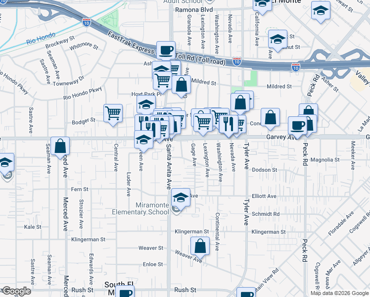 map of restaurants, bars, coffee shops, grocery stores, and more near 2806 Granada Ave in El Monte
