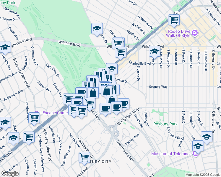 map of restaurants, bars, coffee shops, grocery stores, and more near 1880 Century Park East in Los Angeles