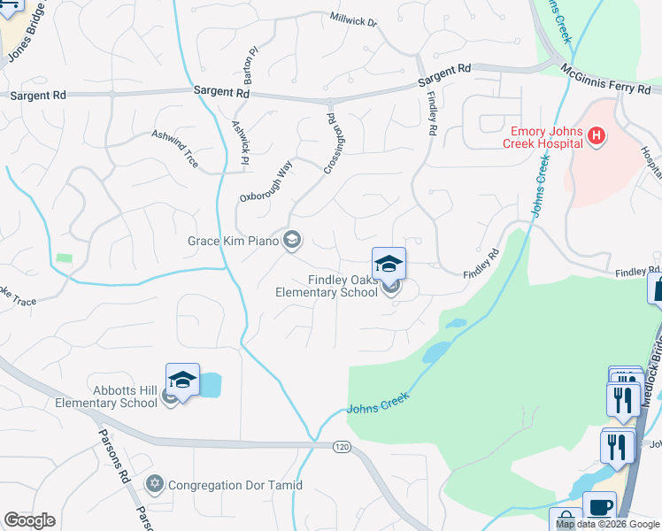 map of restaurants, bars, coffee shops, grocery stores, and more near 5990 Barrington Lane in Alpharetta