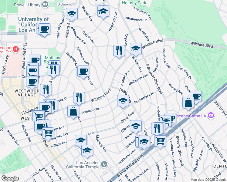map of restaurants, bars, coffee shops, grocery stores, and more near 10560 Wilshire Boulevard in Los Angeles