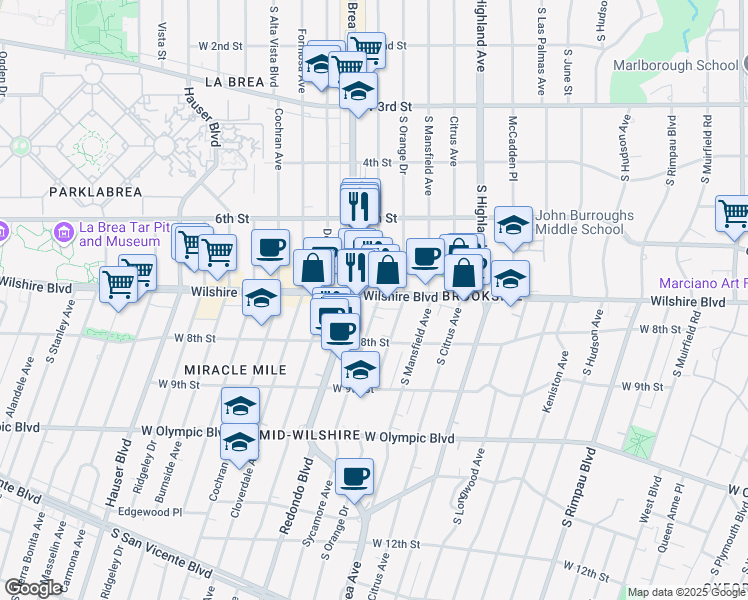 map of restaurants, bars, coffee shops, grocery stores, and more near 5200 Wilshire Boulevard in Los Angeles