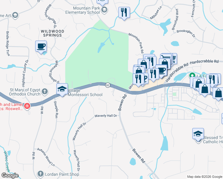 map of restaurants, bars, coffee shops, grocery stores, and more near 1460 Woodstock Road in Roswell