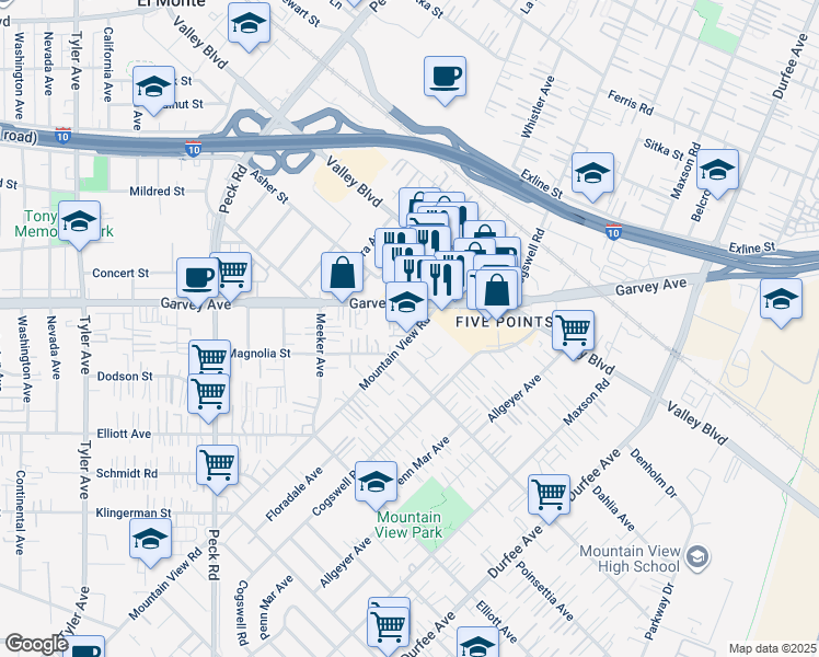 map of restaurants, bars, coffee shops, grocery stores, and more near 2839 Mountain View Road in El Monte