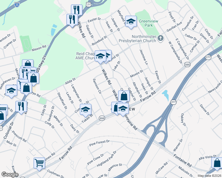 map of restaurants, bars, coffee shops, grocery stores, and more near 308 Wilkes Road in Columbia