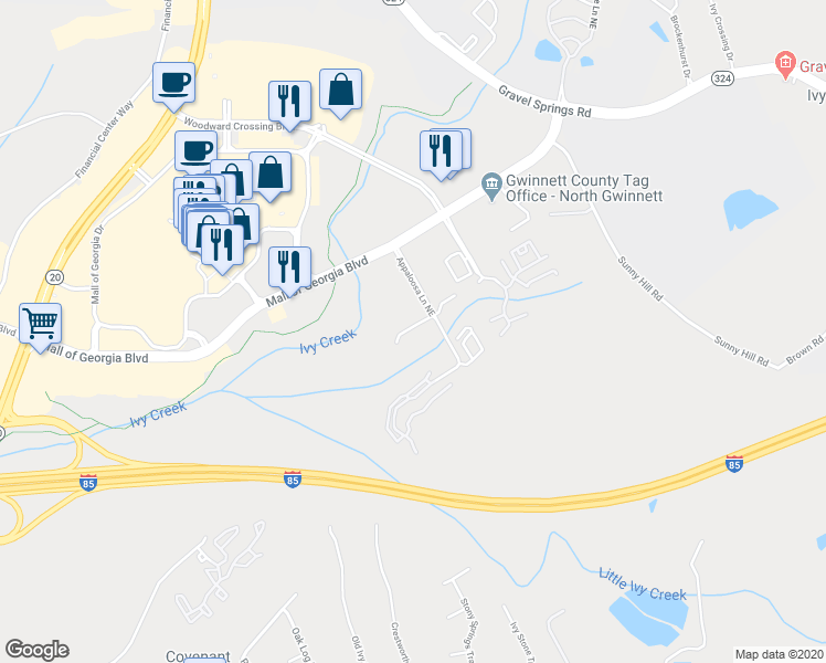 map of restaurants, bars, coffee shops, grocery stores, and more near 1847 Appaloosa Mill Court Northeast in Buford