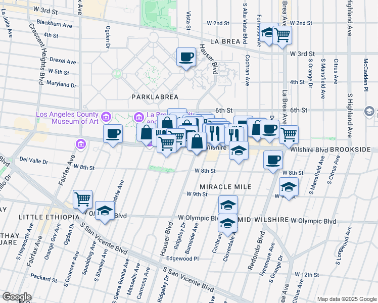 map of restaurants, bars, coffee shops, grocery stores, and more near 5670 Wilshire Boulevard in Los Angeles