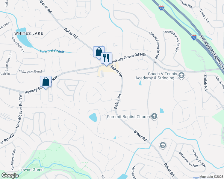 map of restaurants, bars, coffee shops, grocery stores, and more near 2470 Stonegate Drive in Acworth