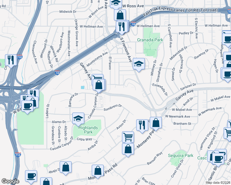 map of restaurants, bars, coffee shops, grocery stores, and more near 1707 Garvey Avenue in Alhambra