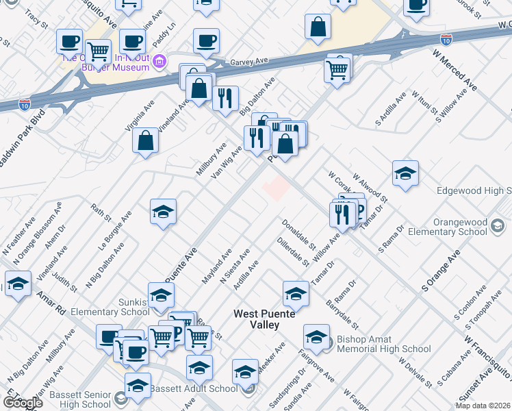 map of restaurants, bars, coffee shops, grocery stores, and more near 14133 Dillerdale Street in La Puente