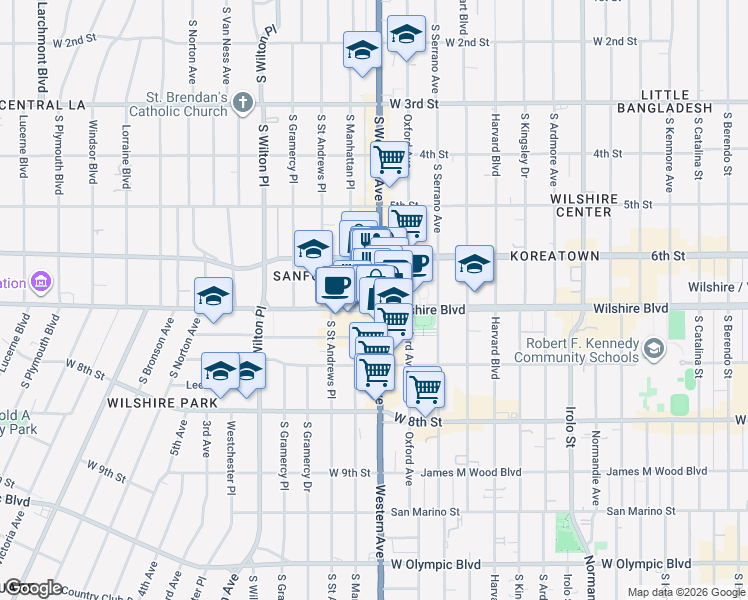 map of restaurants, bars, coffee shops, grocery stores, and more near 3807 Wilshire Boulevard in Los Angeles