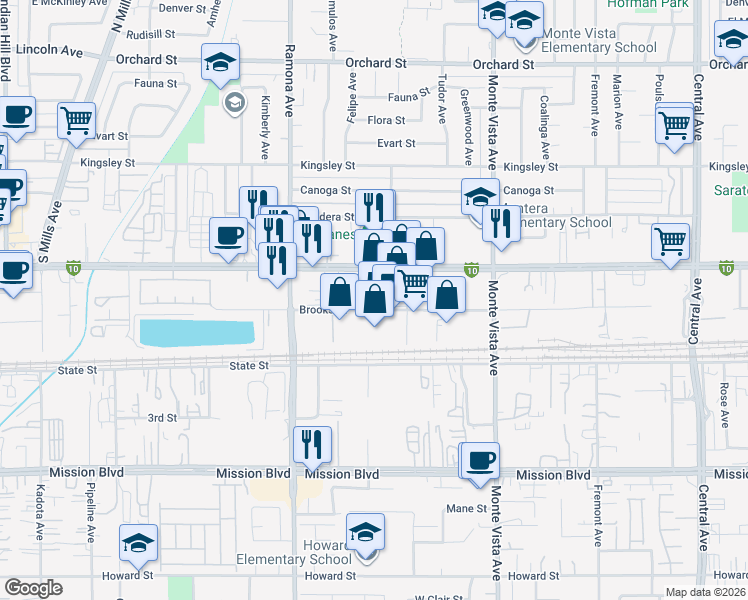 map of restaurants, bars, coffee shops, grocery stores, and more near 4664 Brooks Street in Montclair