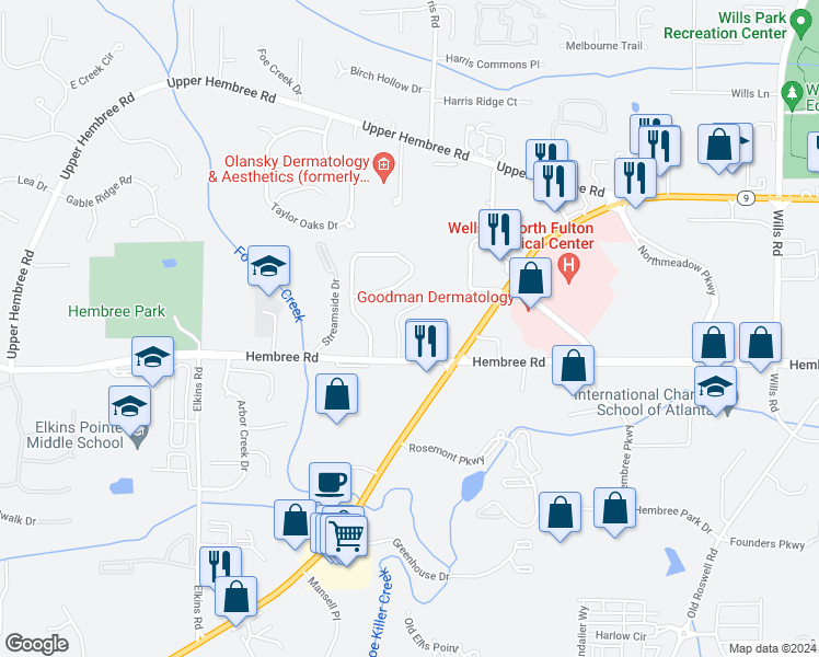 map of restaurants, bars, coffee shops, grocery stores, and more near 220 Hembree Park Terrace in Roswell