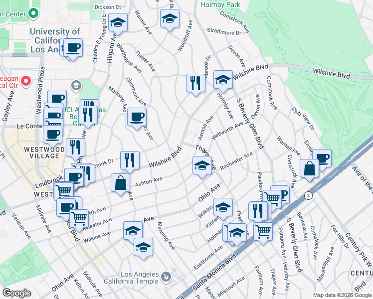 map of restaurants, bars, coffee shops, grocery stores, and more near 10560 Wilshire Boulevard in Los Angeles