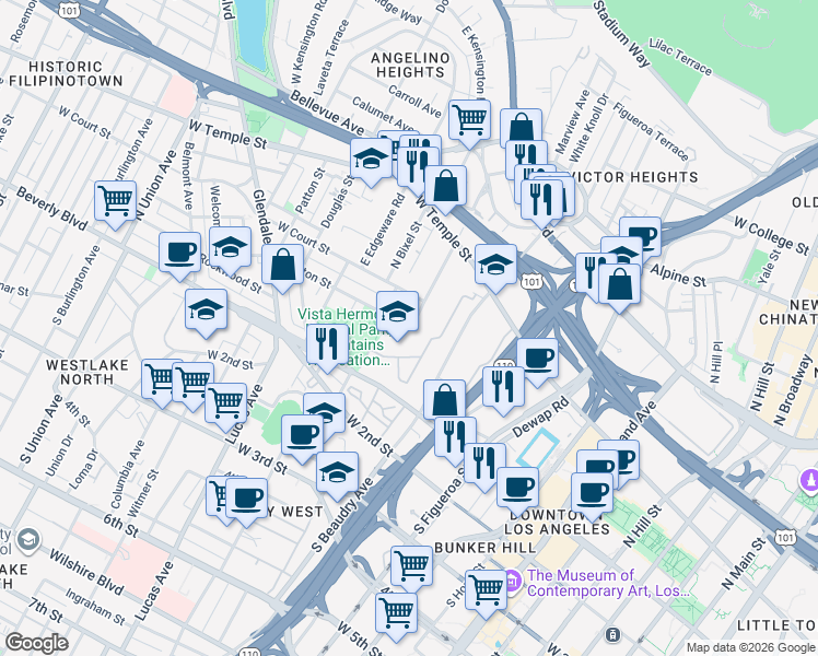 map of restaurants, bars, coffee shops, grocery stores, and more near 1200 Colton Street in Los Angeles