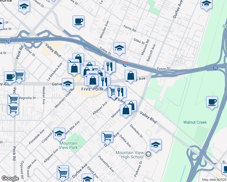 map of restaurants, bars, coffee shops, grocery stores, and more near 12087 Valley Blvd in El Monte