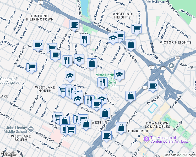 map of restaurants, bars, coffee shops, grocery stores, and more near 114 Douglas Street in Los Angeles