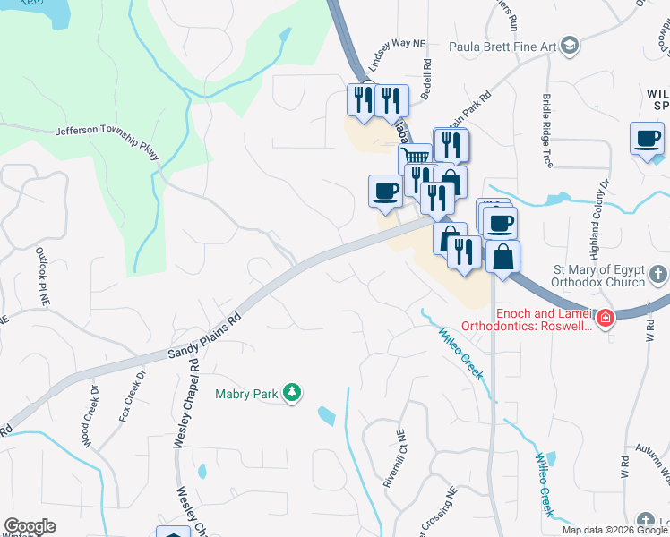 map of restaurants, bars, coffee shops, grocery stores, and more near 4196 Longview Cove in Roswell