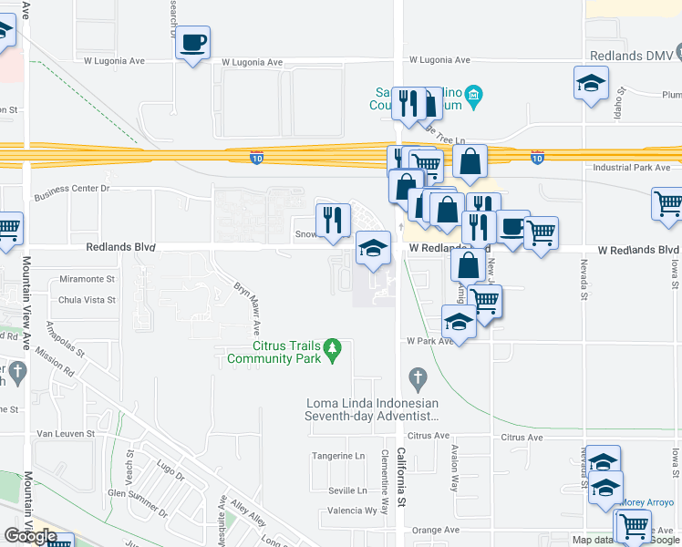 map of restaurants, bars, coffee shops, grocery stores, and more near 26397 Redlands Boulevard in Redlands