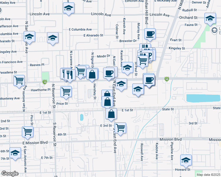 map of restaurants, bars, coffee shops, grocery stores, and more near 393 North East End Avenue in Pomona