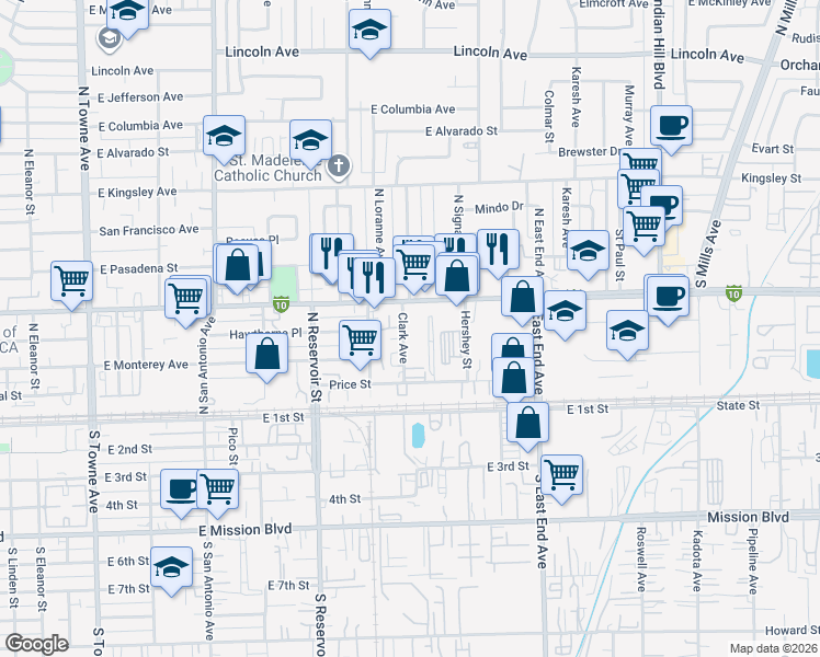 map of restaurants, bars, coffee shops, grocery stores, and more near 1100 East Holt Avenue in Pomona
