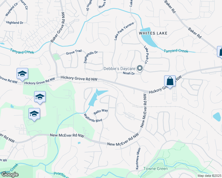 map of restaurants, bars, coffee shops, grocery stores, and more near 3100 Delacorte Drive in Acworth