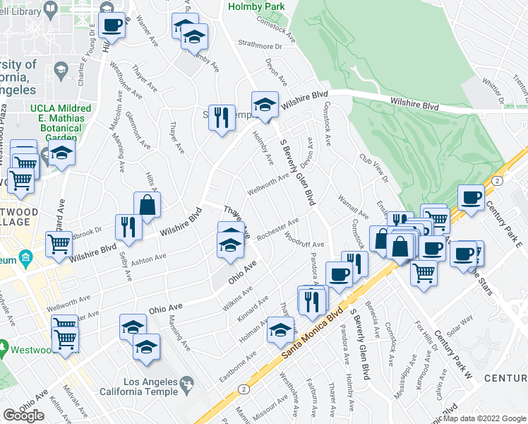 map of restaurants, bars, coffee shops, grocery stores, and more near 1338 Warner Avenue in Los Angeles