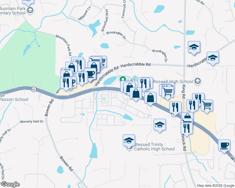 map of restaurants, bars, coffee shops, grocery stores, and more near 5702 Waters Edge Trail in Roswell