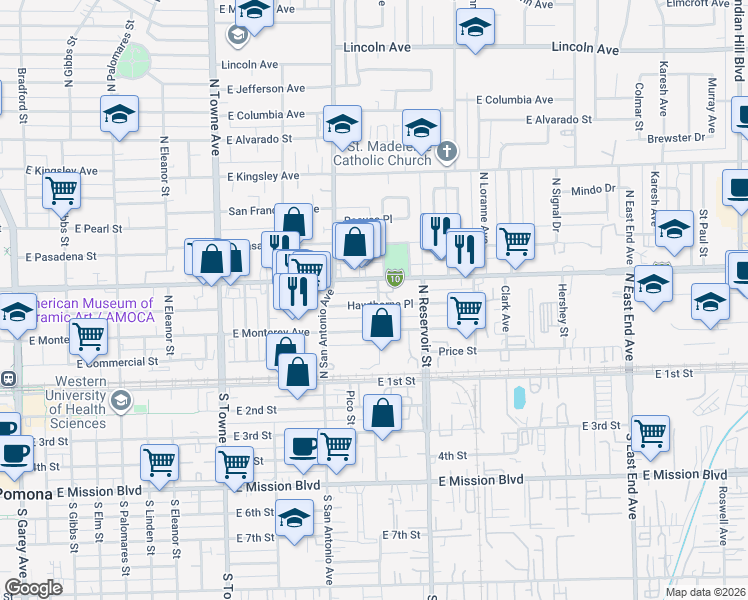 map of restaurants, bars, coffee shops, grocery stores, and more near 793 Hawthorne Place in Pomona