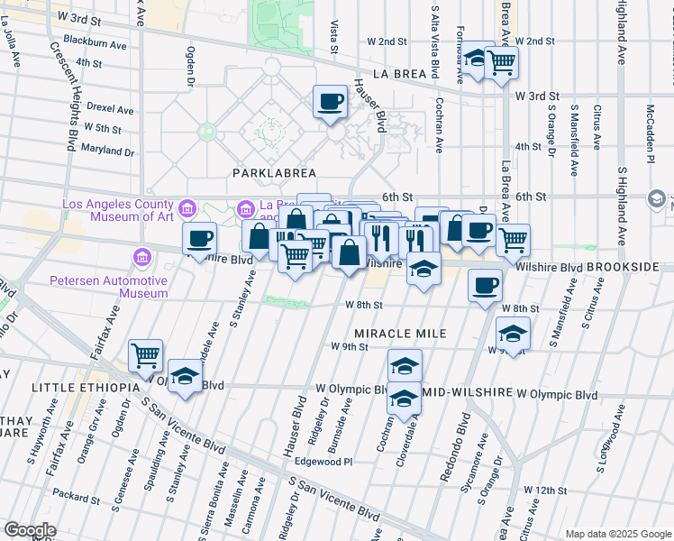 map of restaurants, bars, coffee shops, grocery stores, and more near 5660 Wilshire Boulevard in Los Angeles
